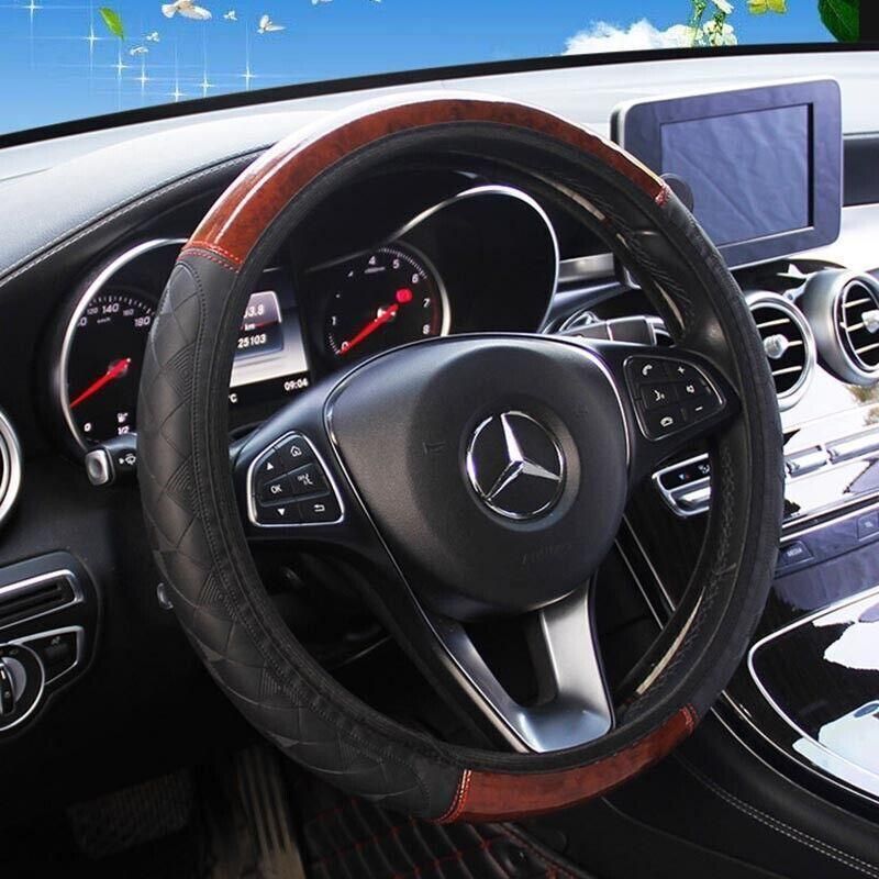 PU Leather Car Steering Wheel Cover With Mahogany Pattern 38cm Anti Slip Grip