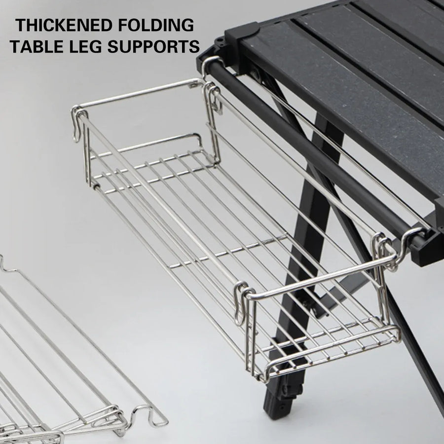 Folding Table Extension Rack Outdoor Camping Storage Shelf With Hanging Basket