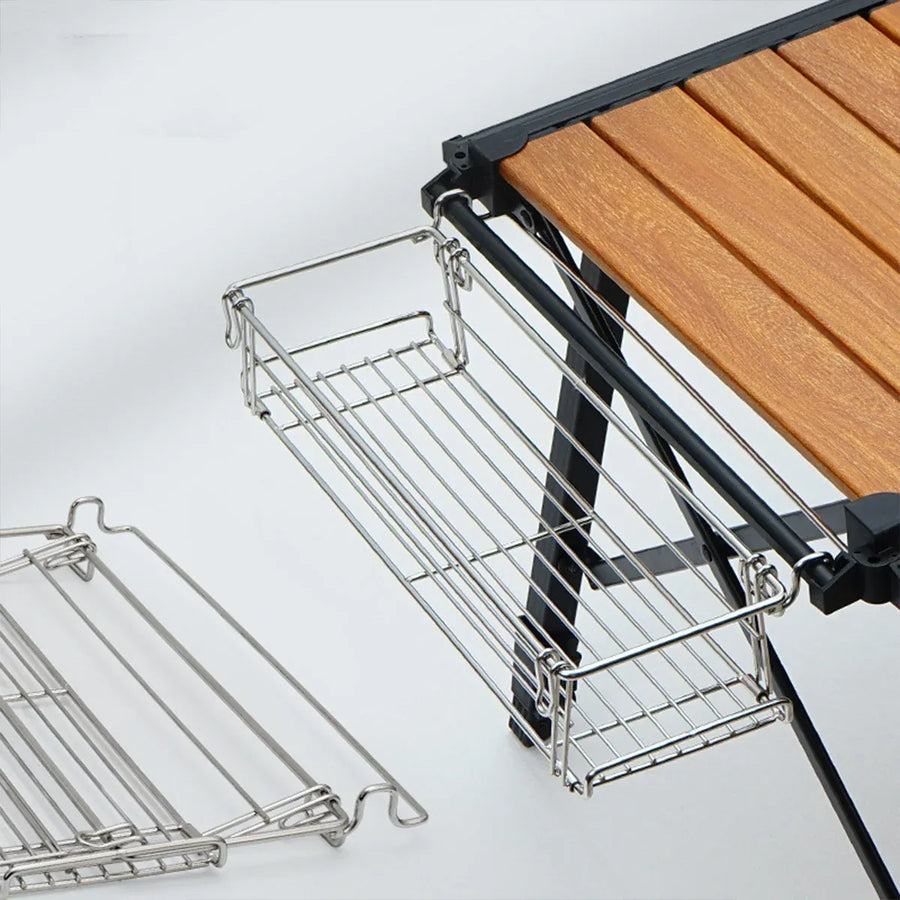 Folding Table Extension Rack Outdoor Camping Storage Shelf With Hanging Basket