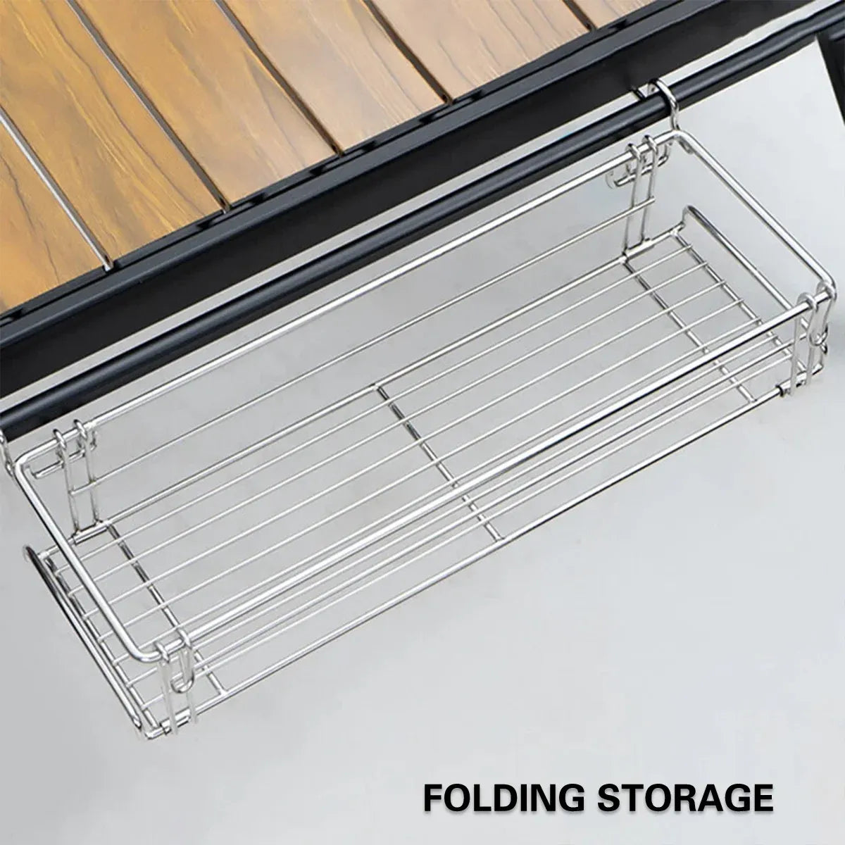 Folding Table Extension Rack Outdoor Camping Storage Shelf With Hanging Basket