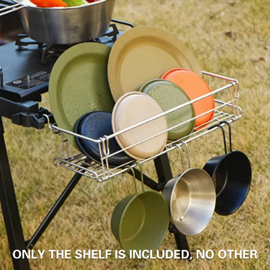 Folding Table Extension Rack Outdoor Camping Storage Shelf With Hanging Basket