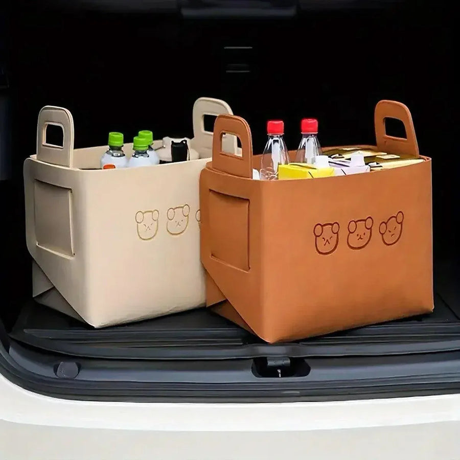 2pcs Felt Storage Basket Foldable Large Bear Basket Car Boot Basket for Dirty - Brown