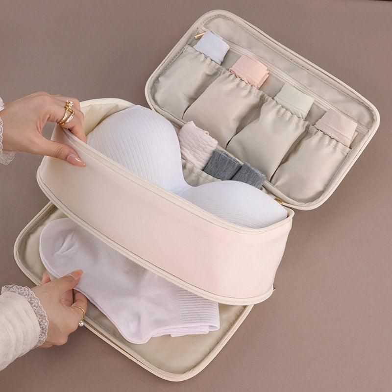 Double Lingerie Storage Bag Travel Organizer Clothes Storage Case for Underwear - Beige