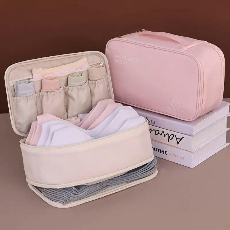 Double Lingerie Storage Bag Travel Organizer Clothes Storage Case for Underwear - Beige