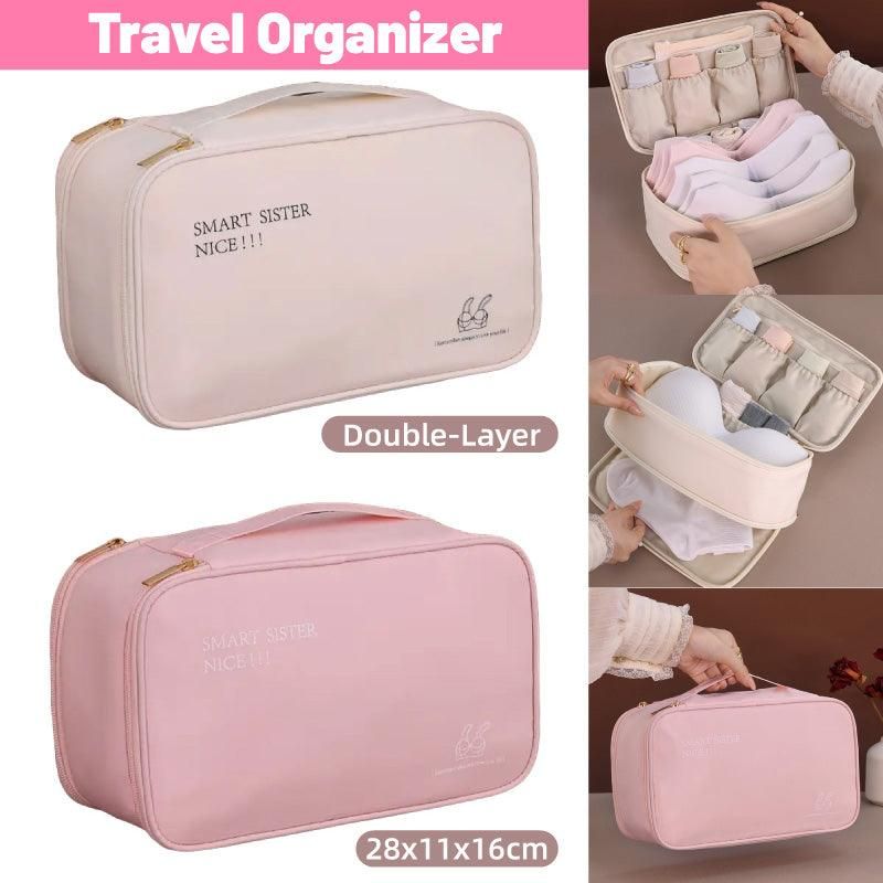 Double Lingerie Storage Bag Travel Organizer Clothes Storage Case for Underwear - Beige