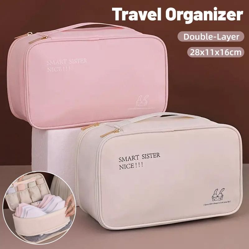Double Lingerie Storage Bag Travel Organizer Clothes Storage Case for Underwear - Pink