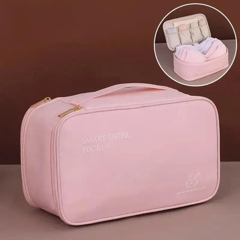 Double Lingerie Storage Bag Travel Organizer Clothes Storage Case for Underwear - Pink