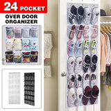24 Pocket Shoe Organiser Bag Over Door Holder Hanging Shelf Storage Rack Hooks - White