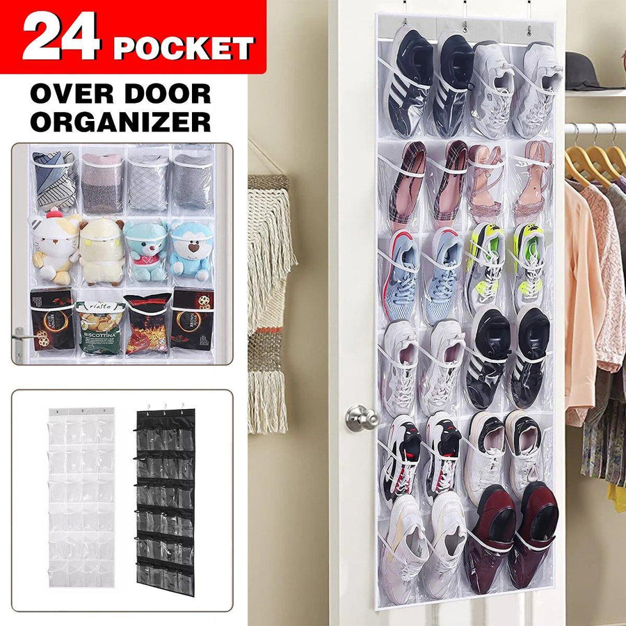 24 Pocket Shoe Organiser Bag Over Door Holder Hanging Shelf Storage Rack Hooks - White