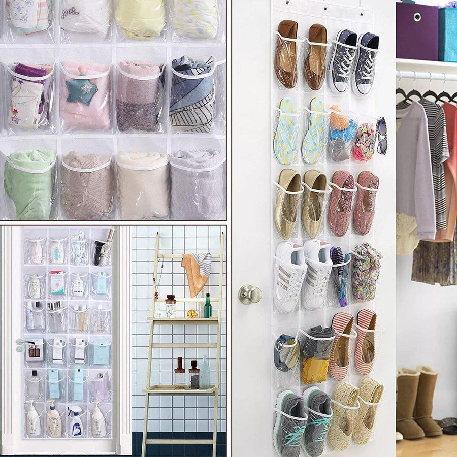 24 Pocket Shoe Organiser Bag Over Door Holder Hanging Shelf Storage Rack Hooks - White