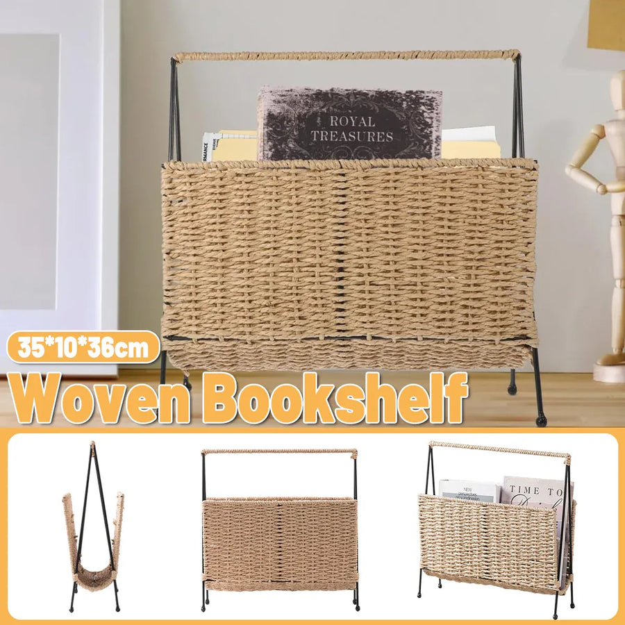 Natural Handwoven Magazine Rack Tabletop Bookshelf Newspaper Storage Basket