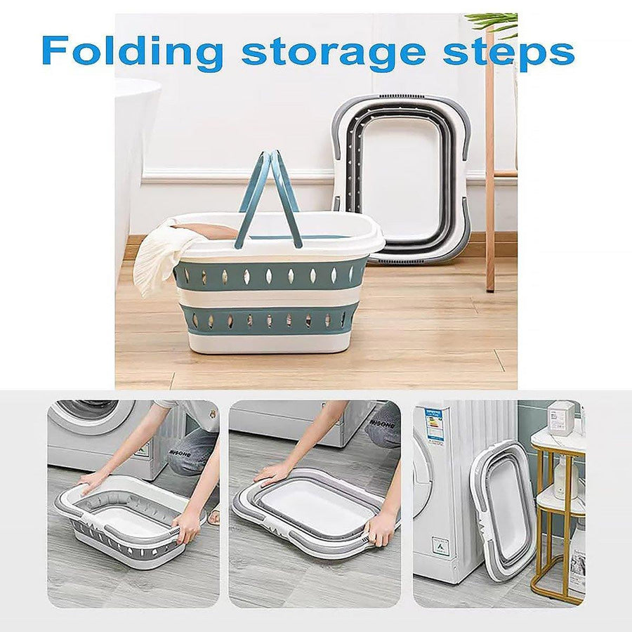 Large Folding Laundry Basket Plastic Dirty Clothes Hamper Blue Bathroom Storage - Blue