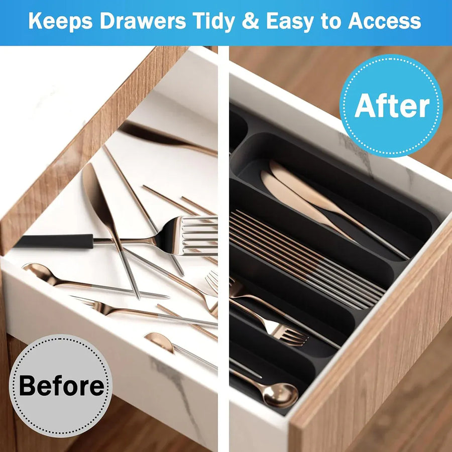 Expandable Cutlery Drawer Organizer Adjustable 6 Slot Kitchen Utensil Tray - Black