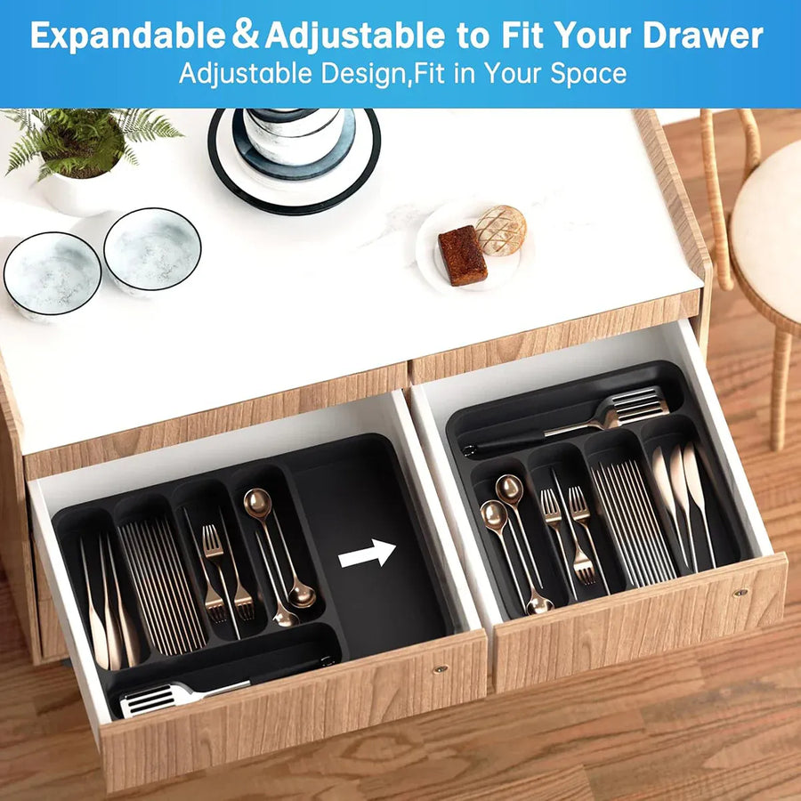Expandable Cutlery Drawer Organizer Adjustable 6 Slot Kitchen Utensil Tray - Black