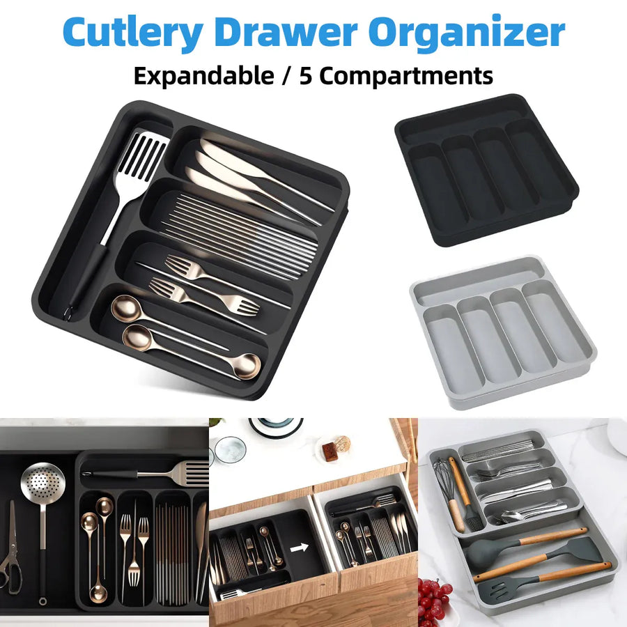 Expandable Cutlery Drawer Organizer Adjustable 6 Slot Kitchen Utensil Tray - Black
