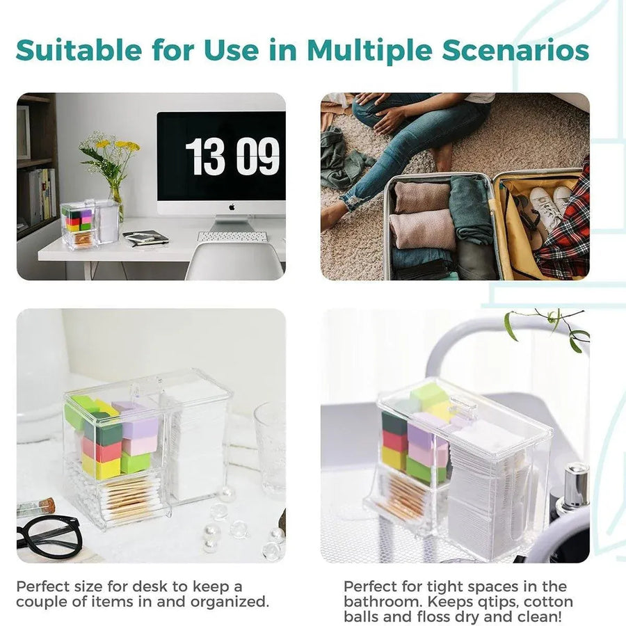 Clear Plastic Makeup Organizer Cotton Swab Storage Holder Compartment Vanity Box