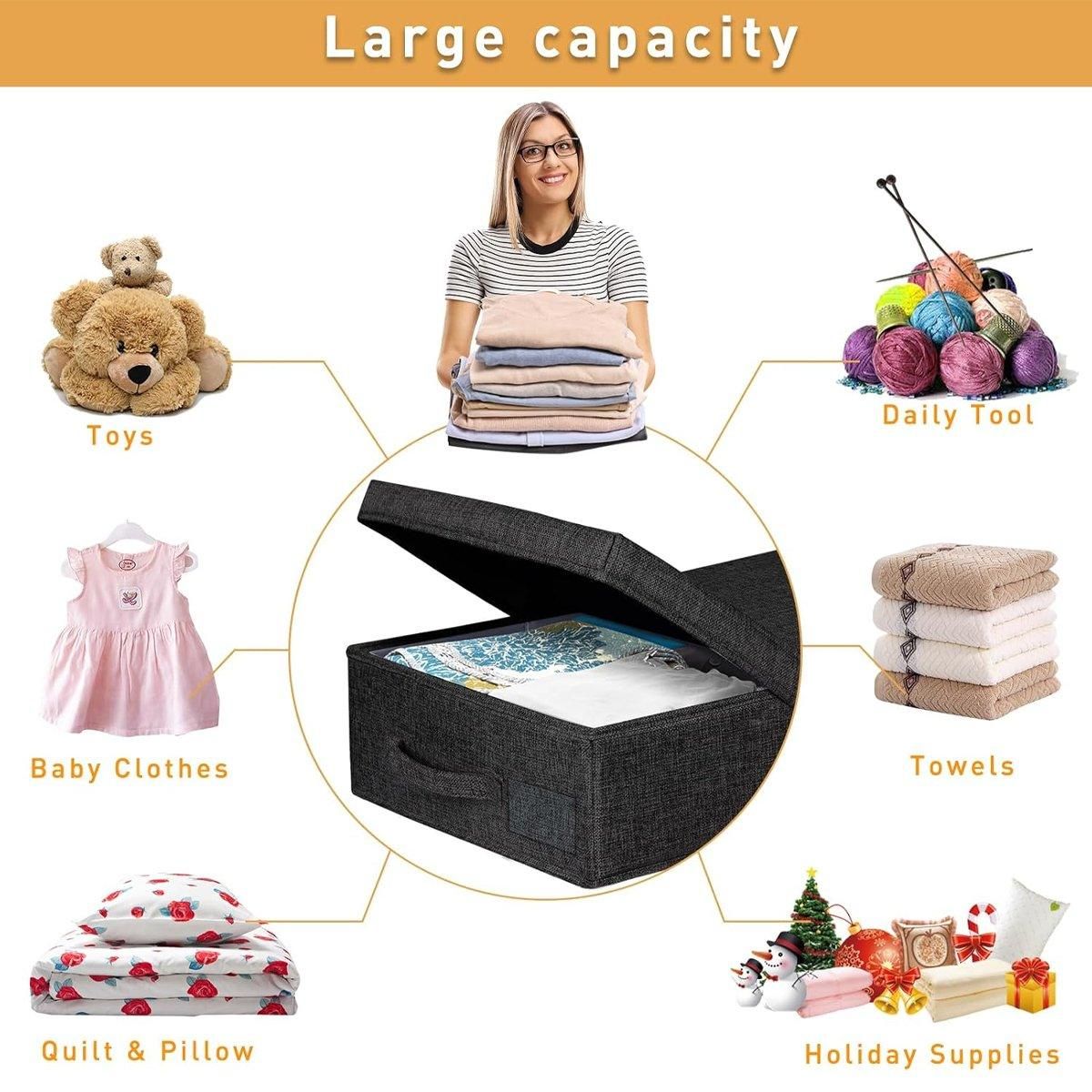 2PCS Black Foldable Storage Box Underbed with Lid Fabric Wardrobe Organizers