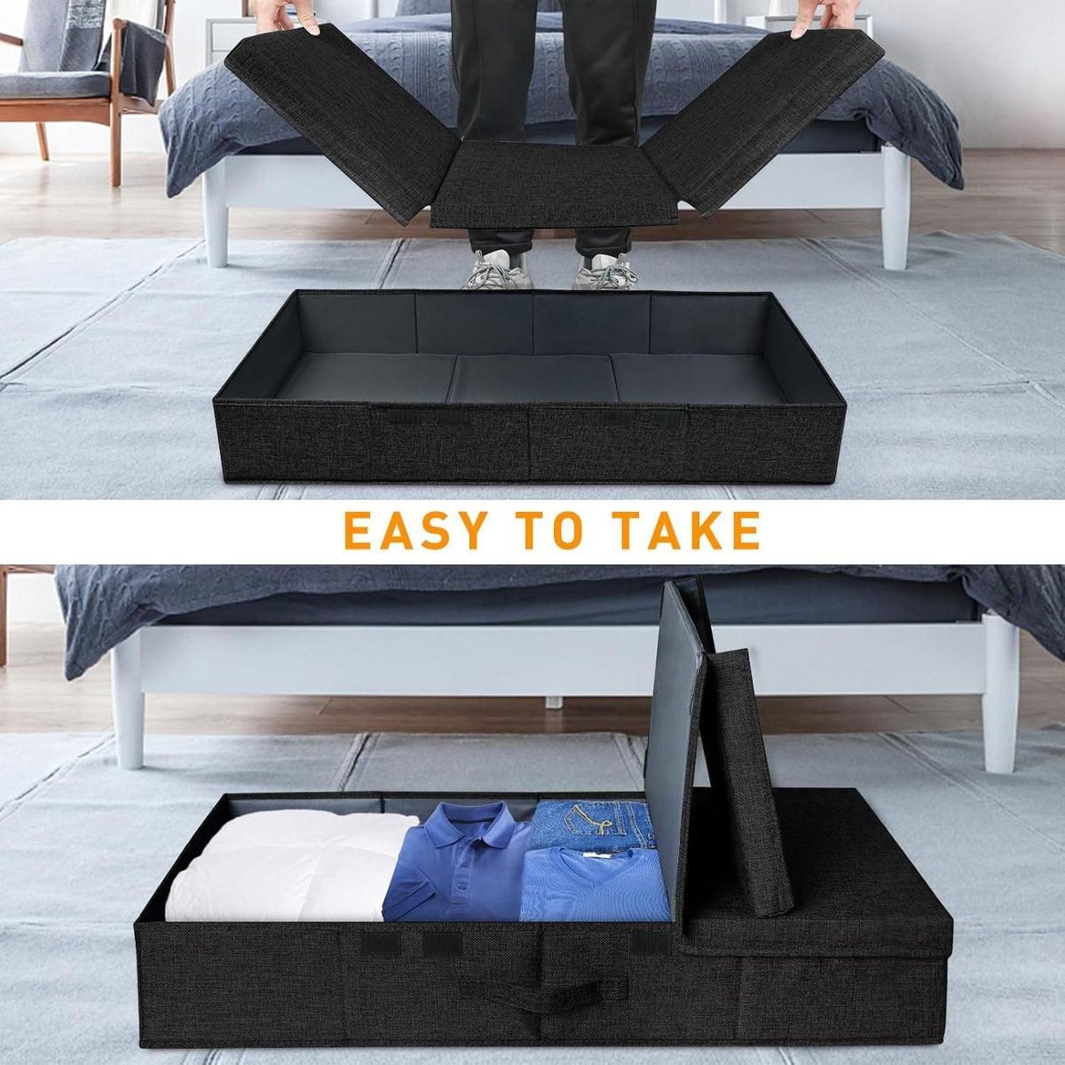 2PCS Black Foldable Storage Box Underbed with Lid Fabric Wardrobe Organizers