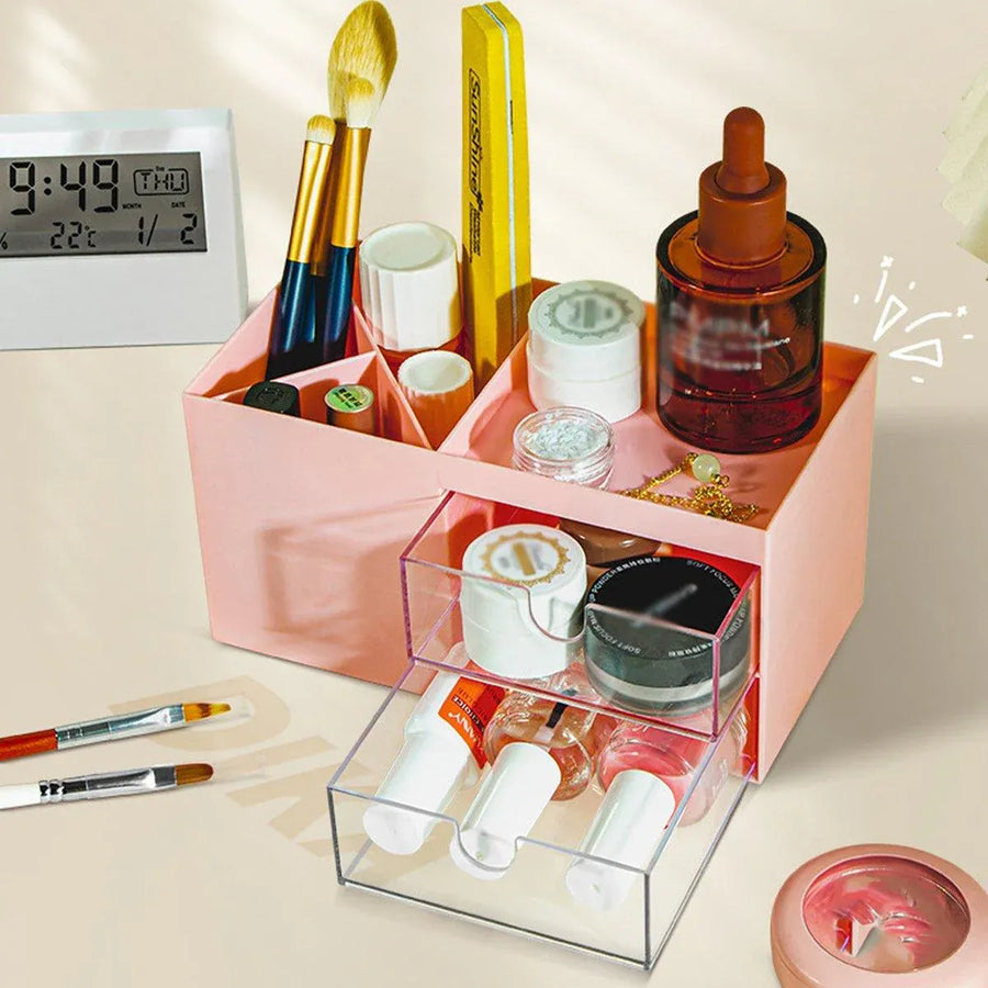 Multifunctional Desktop Organizer with Storage Drawer for Home Office Supplies - Pink