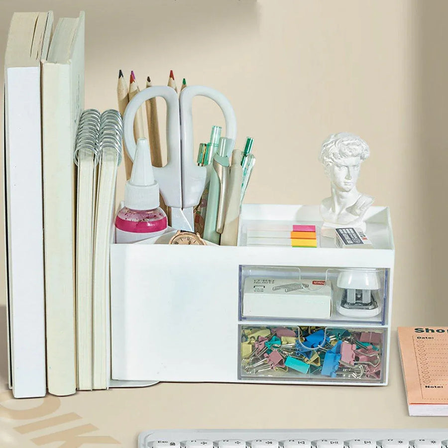 Multifunctional Desktop Organizer with Storage Drawer for Home Office Supplies - White