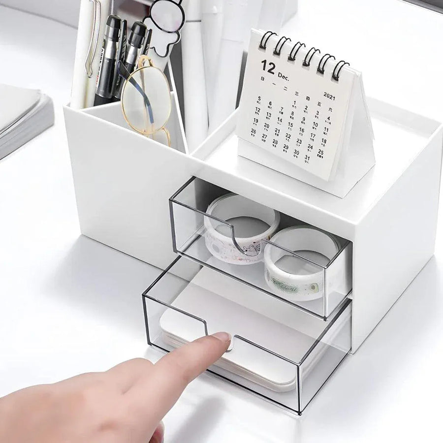 Multifunctional Desktop Organizer with Storage Drawer for Home Office Supplies - White