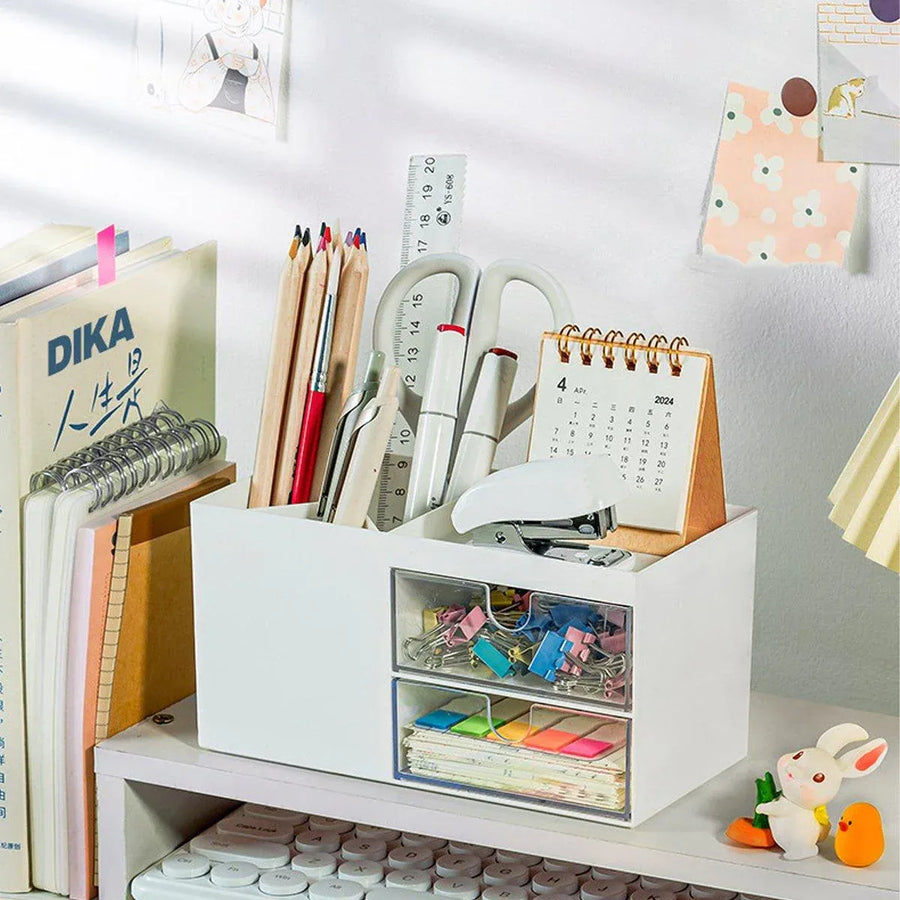 Multifunctional Desktop Organizer with Storage Drawer for Home Office Supplies - White