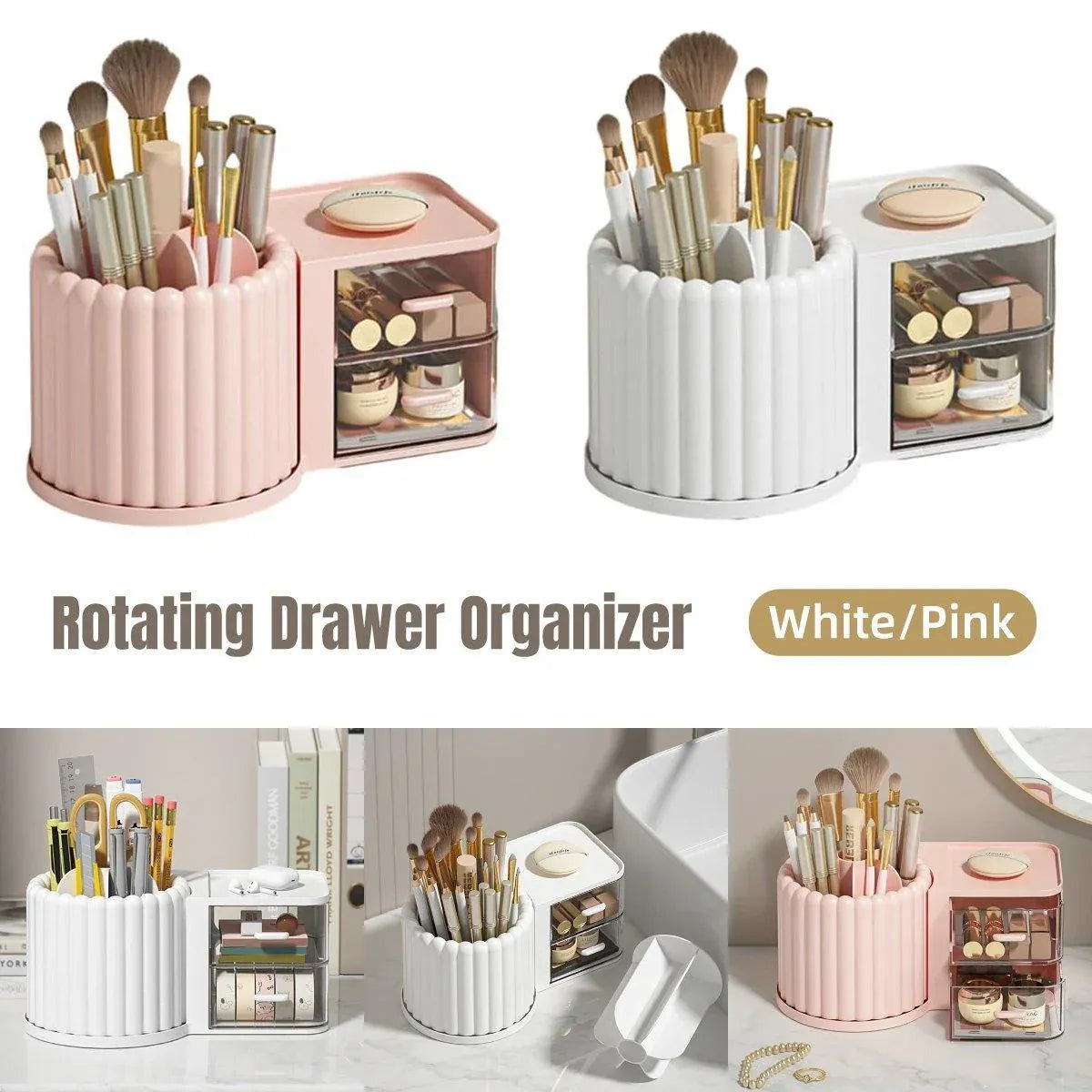 Rotating Cosmetic Pen Holder Dustproof Waterproof Storage Box Sanitary Organizer - White