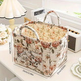 Portable Fabric Storage Basket Korean Pastoral Style Organizer for Home Sundries - Floral2 - Side View