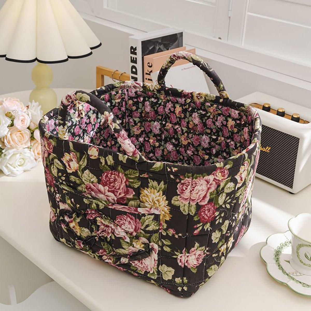 Portable Fabric Storage Basket Korean Pastoral Style Organizer for Home Sundries - Floral4
