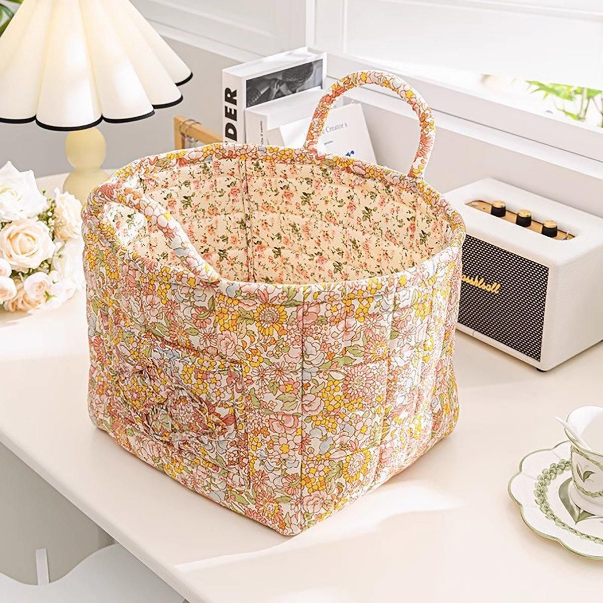 Portable Fabric Storage Basket Korean Pastoral Style Organizer for Home Sundries - Floral4
