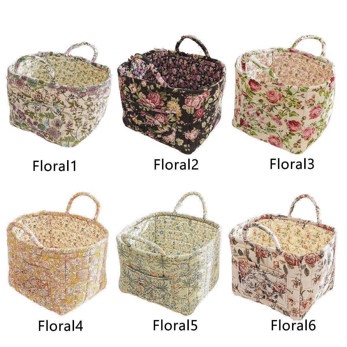 Portable Fabric Storage Basket Korean Pastoral Style Organizer for Home Sundries - Floral4