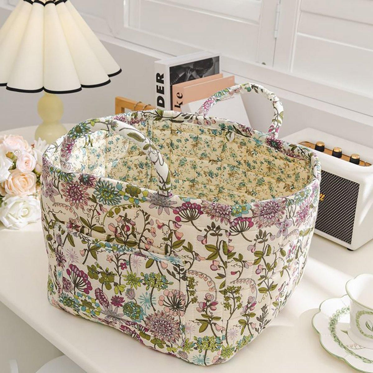 Portable Fabric Storage Basket Korean Pastoral Style Organizer for Home Sundries - Floral6