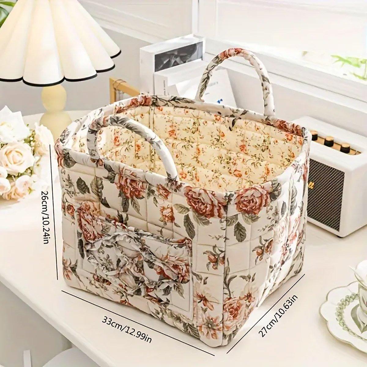 Portable Fabric Storage Basket Korean Pastoral Style Organizer for Home Sundries - Floral6