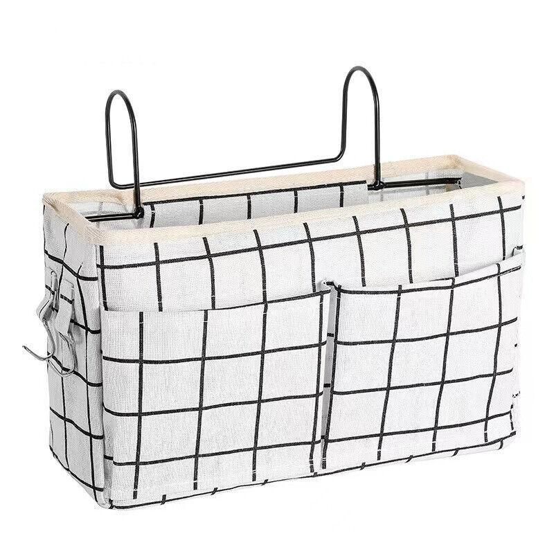 Hanging Bedside Storage Caddy with Pockets for Bunk Bed Dorm Couch Organizing - White Grid