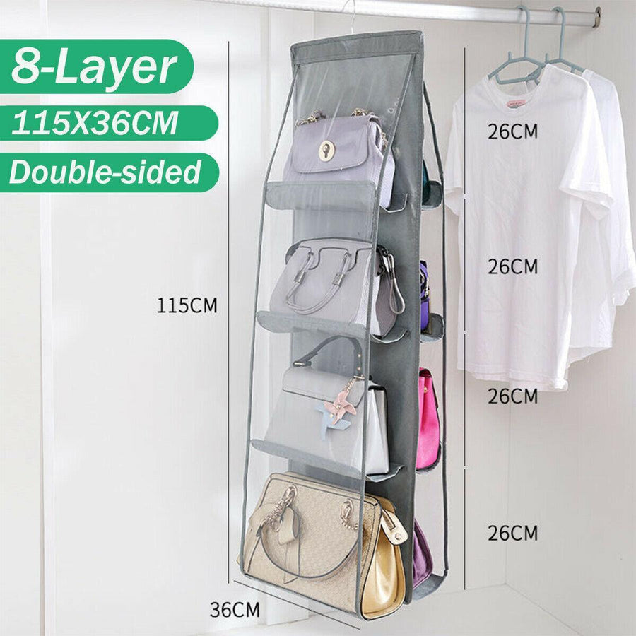 8 Pocket Double-sided Bag Handbag Storage Holder Hanging Organizer Shelf - Grey