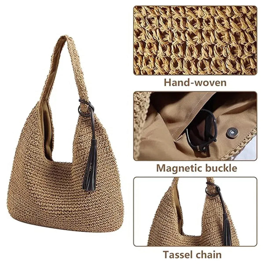 Large Capacity Fashion Woven Straw Shoulder Bag Simple Design for Everyday Use