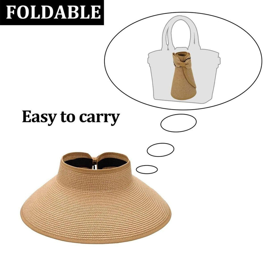 Women Roll Up Sun Visor Wide Brim Straw Hat Summer Foldable UV Protection Cap - Khaki
