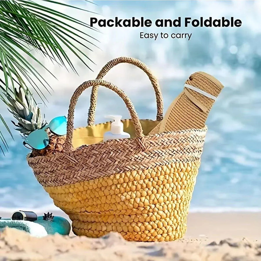 Women Roll Up Sun Visor Wide Brim Straw Hat Summer Foldable UV Protection Cap - Khaki