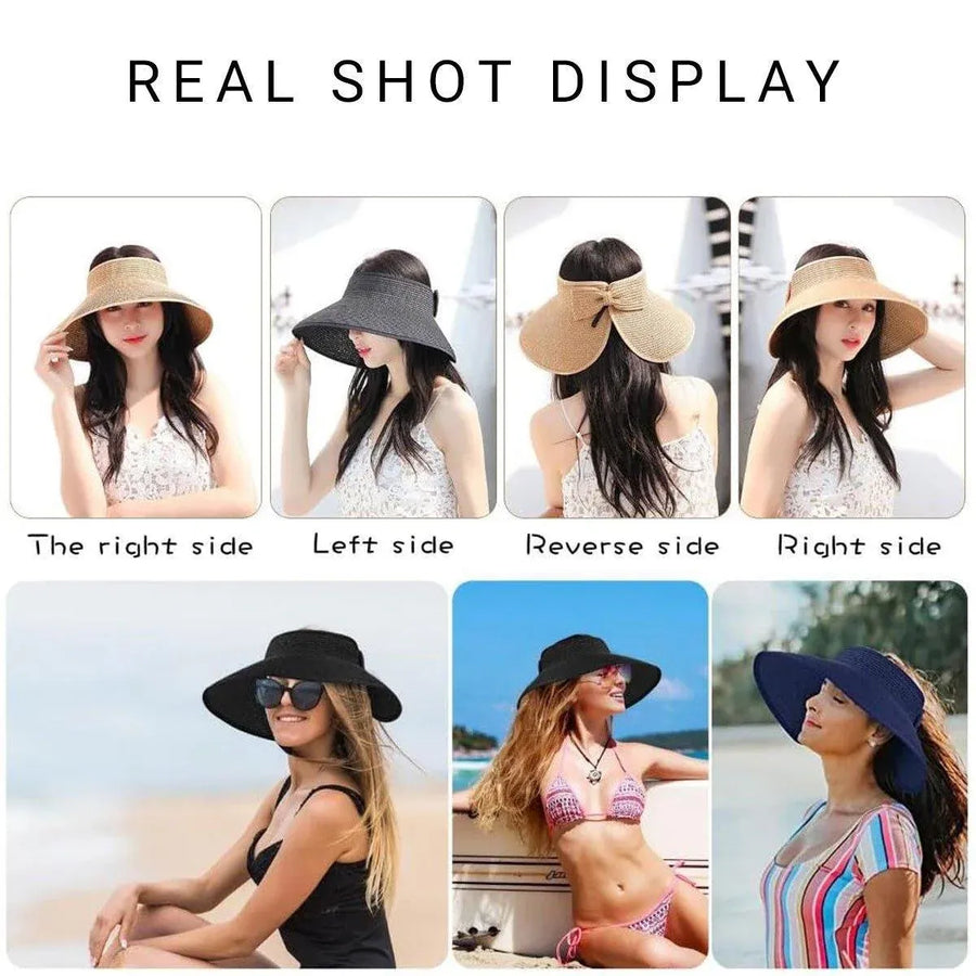 Women Roll Up Sun Visor Wide Brim Straw Hat Summer Foldable UV Protection Cap - Khaki
