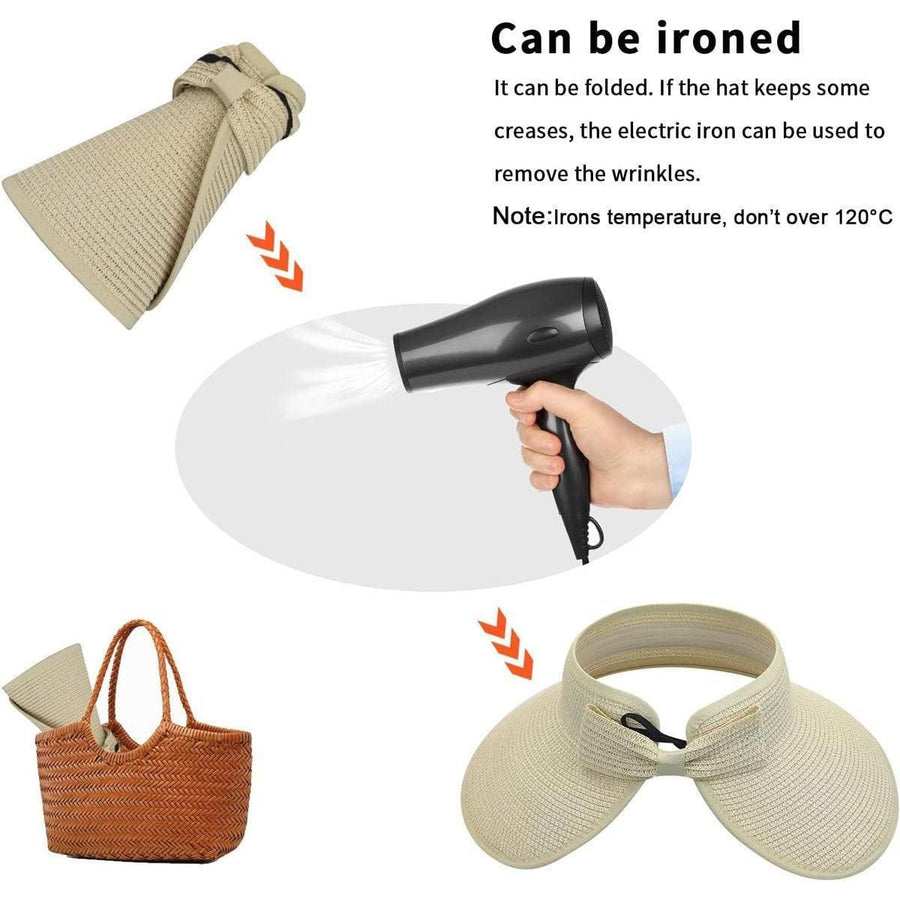 Women Roll Up Sun Visor Wide Brim Straw Hat Summer Foldable UV Protection Cap - Khaki