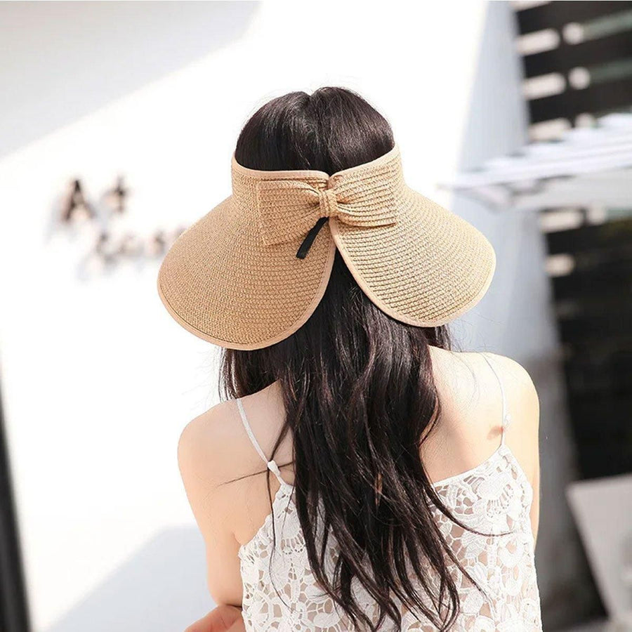 Women Roll Up Sun Visor Wide Brim Straw Hat Summer Foldable UV Protection Cap - Khaki