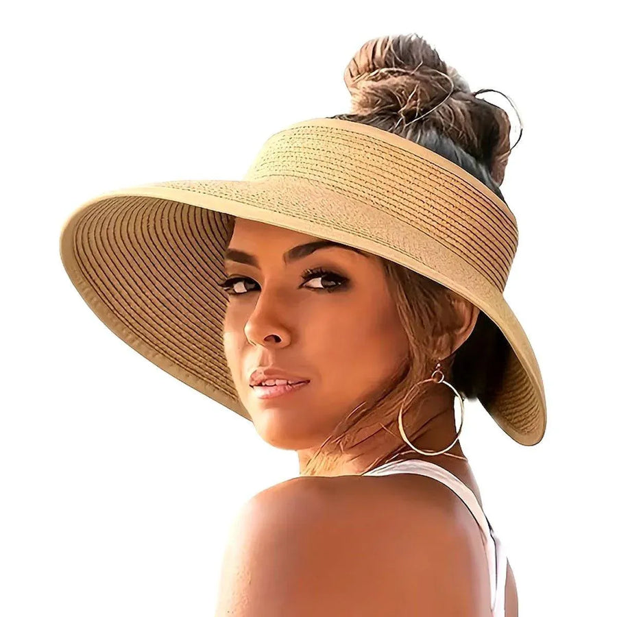 Women Roll Up Sun Visor Wide Brim Straw Hat Summer Foldable UV Protection Cap - Khaki