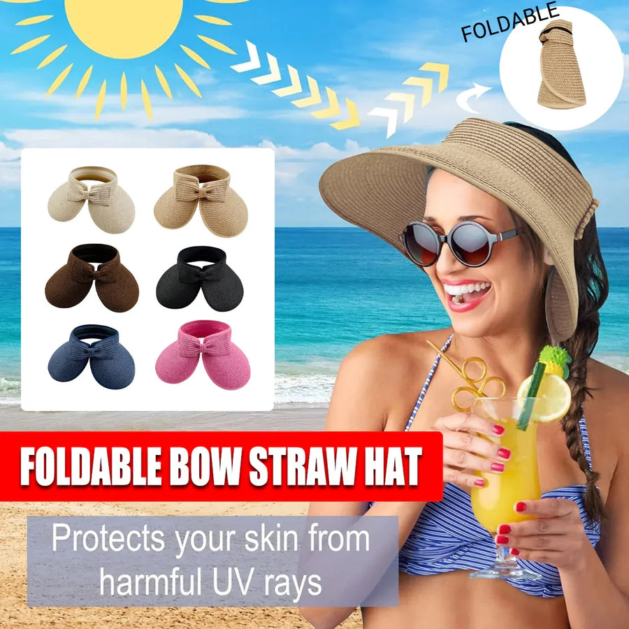 Women Roll Up Sun Visor Wide Brim Straw Hat Summer Foldable UV Protection Cap - Navy Blue