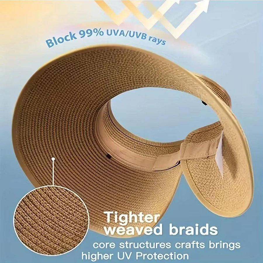 Women Roll Up Sun Visor Wide Brim Straw Hat Summer Foldable UV Protection Cap - Navy Blue