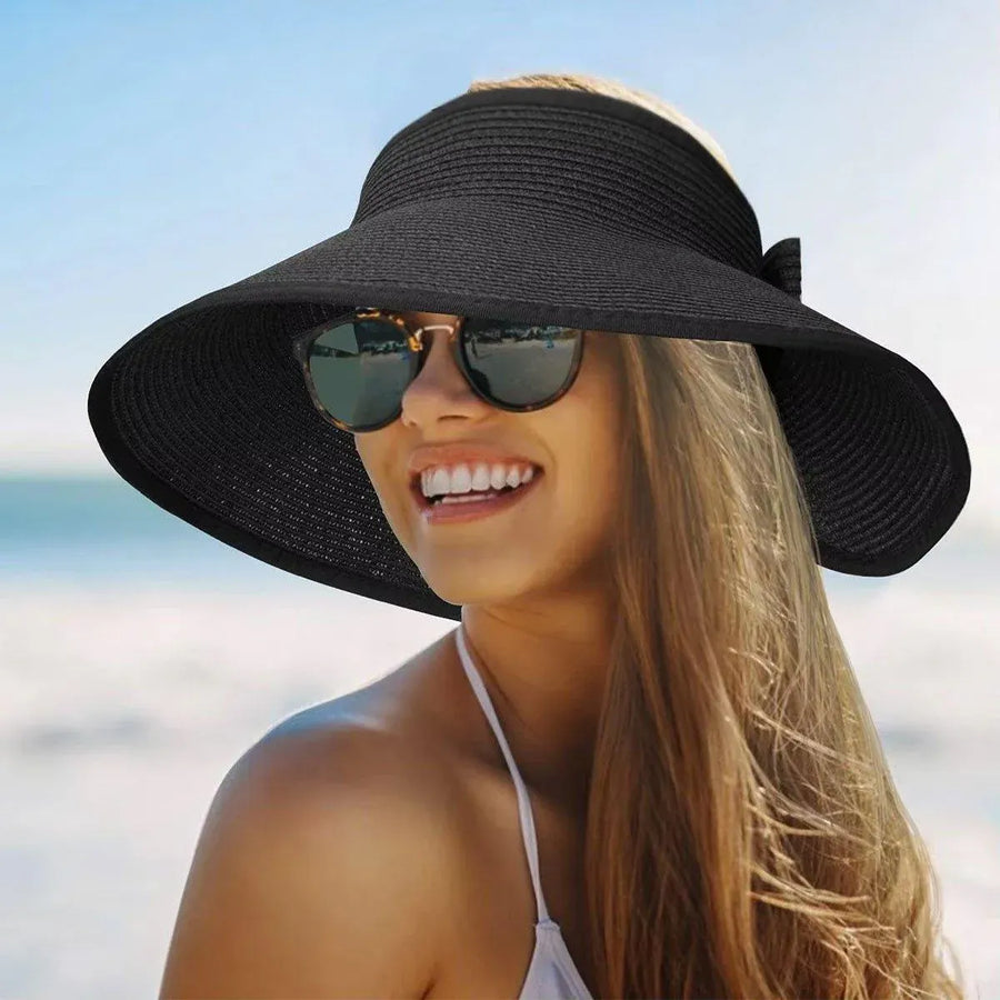 Women Roll Up Sun Visor Wide Brim Straw Hat Summer Foldable UV Protection Cap - Navy Blue