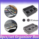 8Pcs/Set Drawer Desk Draw Cutlery Storage Tray Office/Home Kitchen Organizer Box - Dark Grey