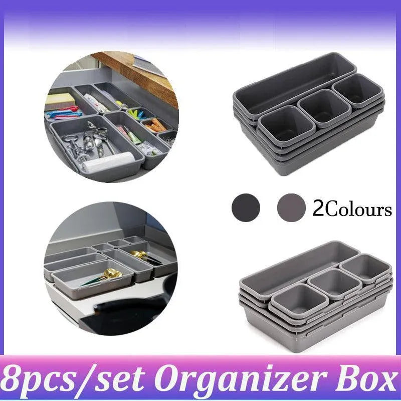 8Pcs/Set Drawer Desk Draw Cutlery Storage Tray Office/Home Kitchen Organizer Box - Dark Grey