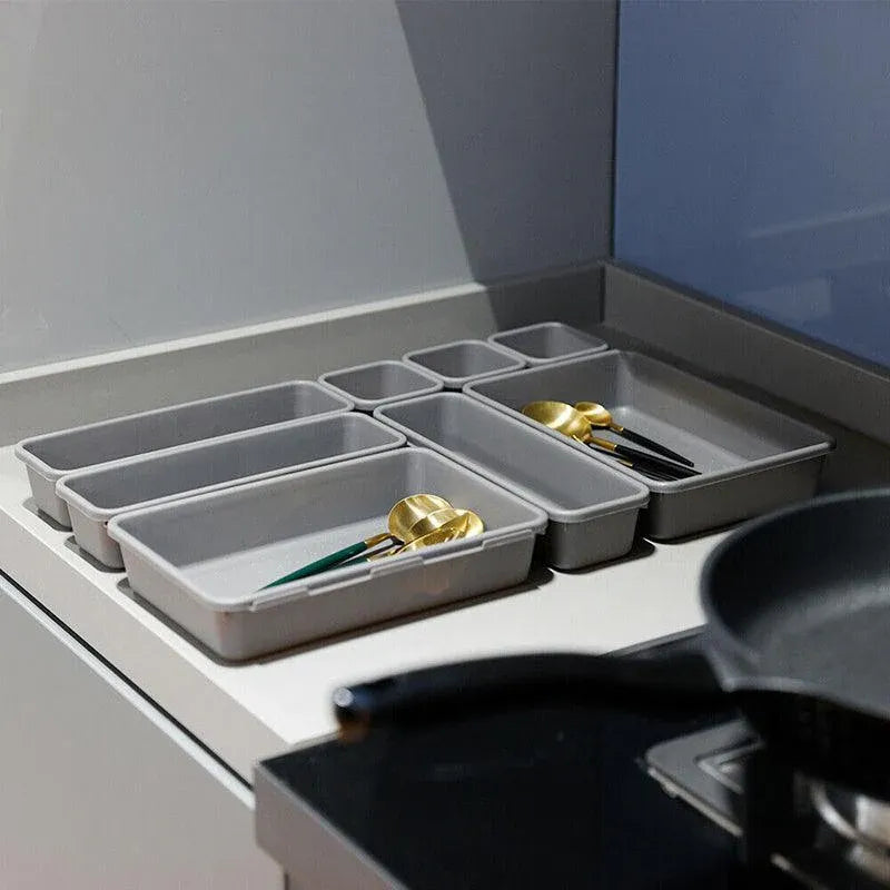8Pcs/Set Drawer Desk Draw Cutlery Storage Tray Office/Home Kitchen Organizer Box - Dark Grey