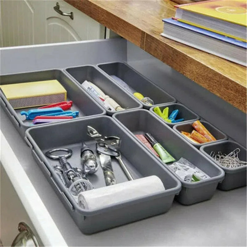8Pcs/Set Drawer Desk Draw Cutlery Storage Tray Office/Home Kitchen Organizer Box - Light Grey