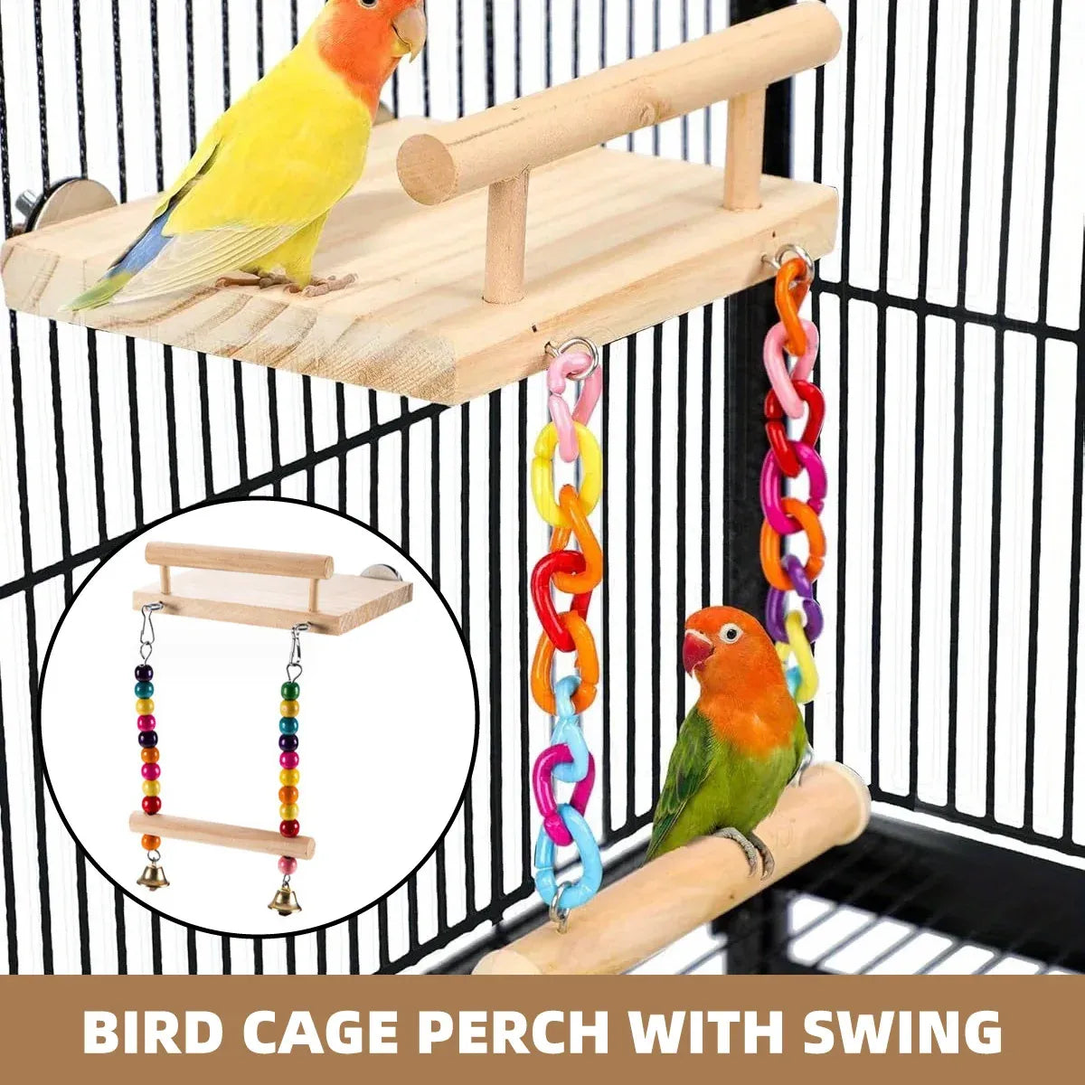Bird Swing Parrot Cage Toy Wooden Swing with Beads and Bells Hanging Play - Bead Swing with Bells